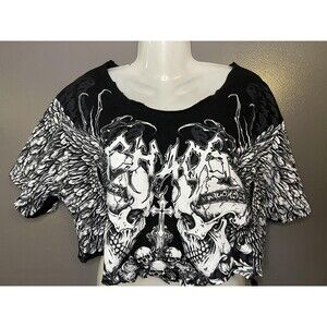 Savage Crew Shirt Womens XL Black Gothic Chaos Skull Wings Cropped Tee Top